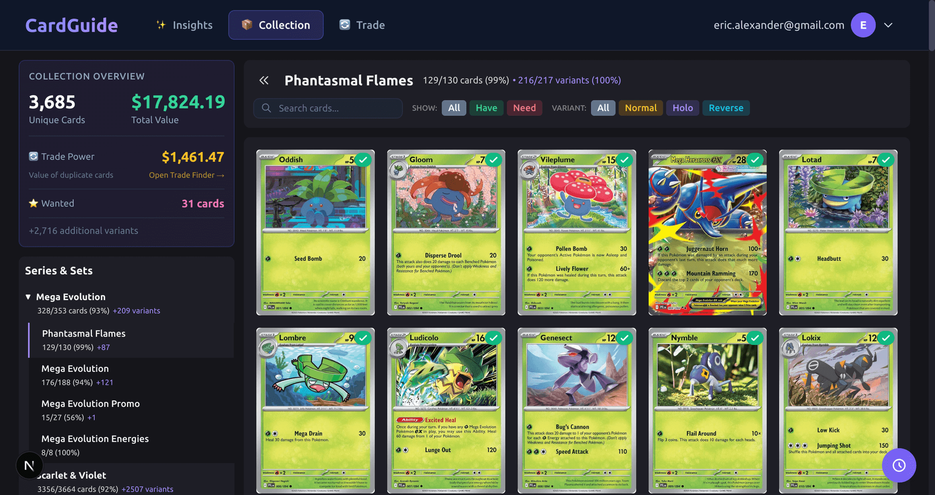 Collection tracking with set completion and card values